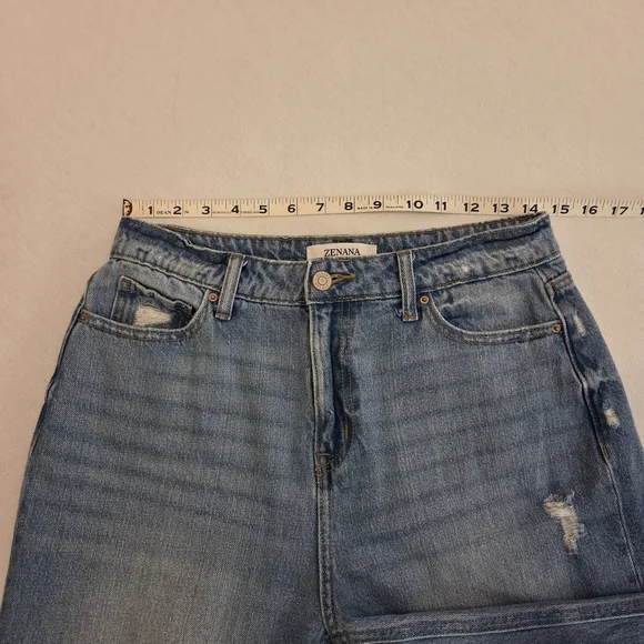 ZENANA Med Wash High Waist Distressed Raw Hem Wide Leg Jeans Women's Size 27 - Picture 10 of 14